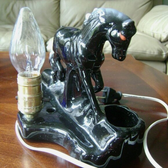 Vintage MCM 1950s Black Gray Horse Planter Accent TV Table Lamp - Picture 5 of 11
